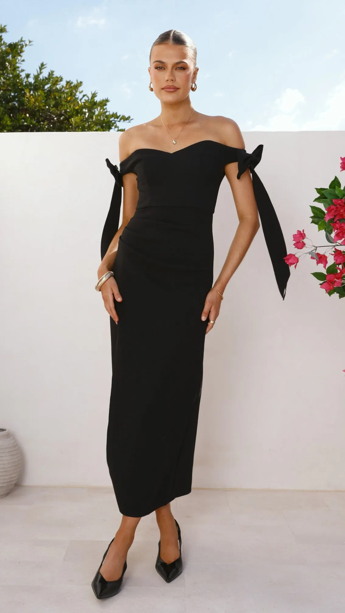 Zylah Off Shoulder Midi Dress - Black Winter Light