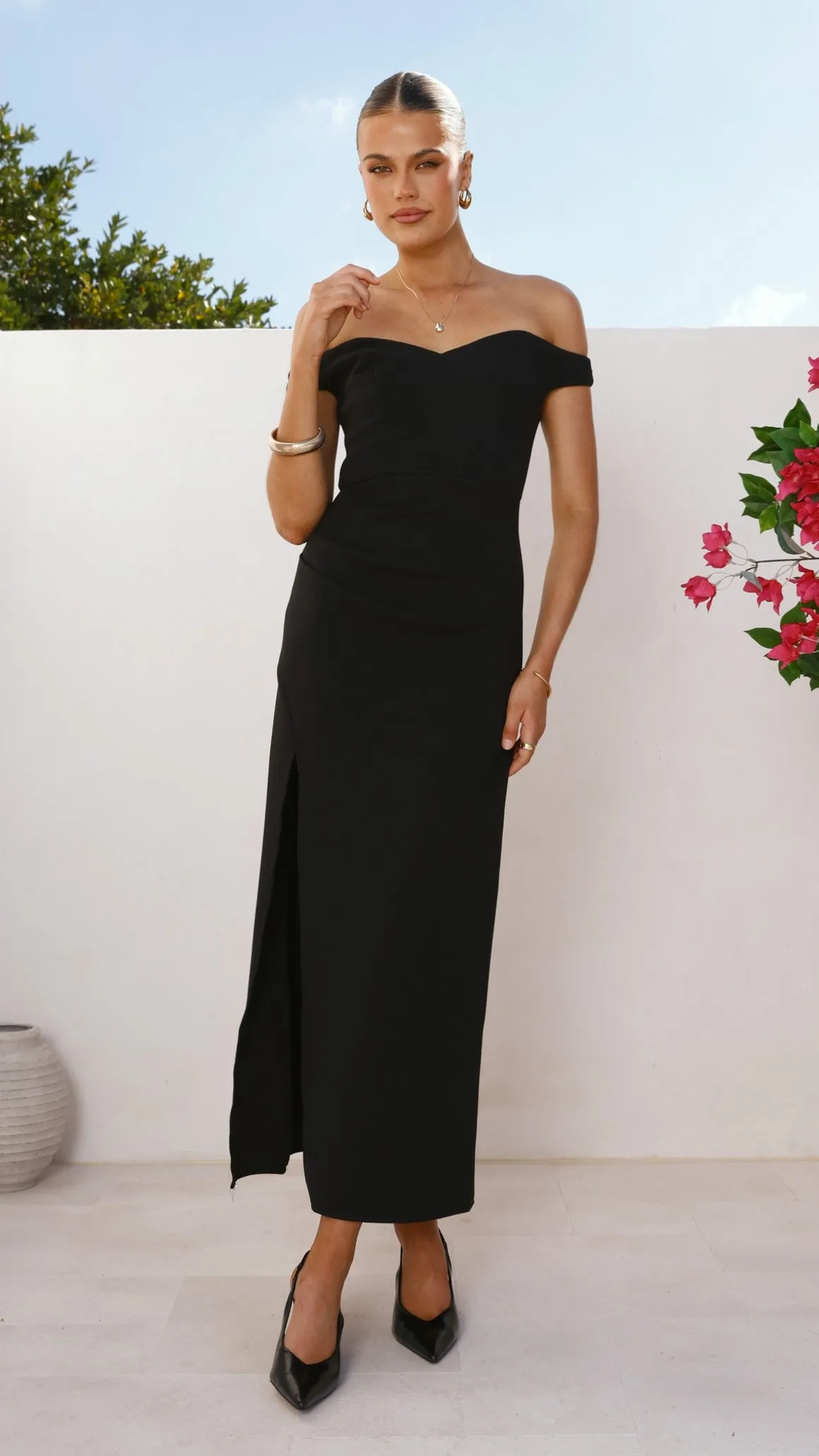 Zylah Off Shoulder Midi Dress - Black Amber Glow The flattering shape of this dress creates a beautiful silhouette that is perfect for all body types