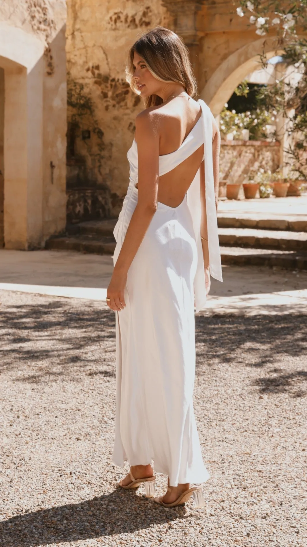 Halle One Shoulder Maxi Dress - Ivory Blue Bay Flowing chiffon dress