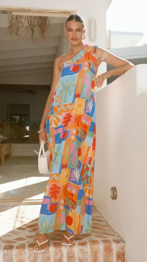 Herb Garden Mirror Glow Paxton One Shoulder Maxi Dress - Tropical Abstract
