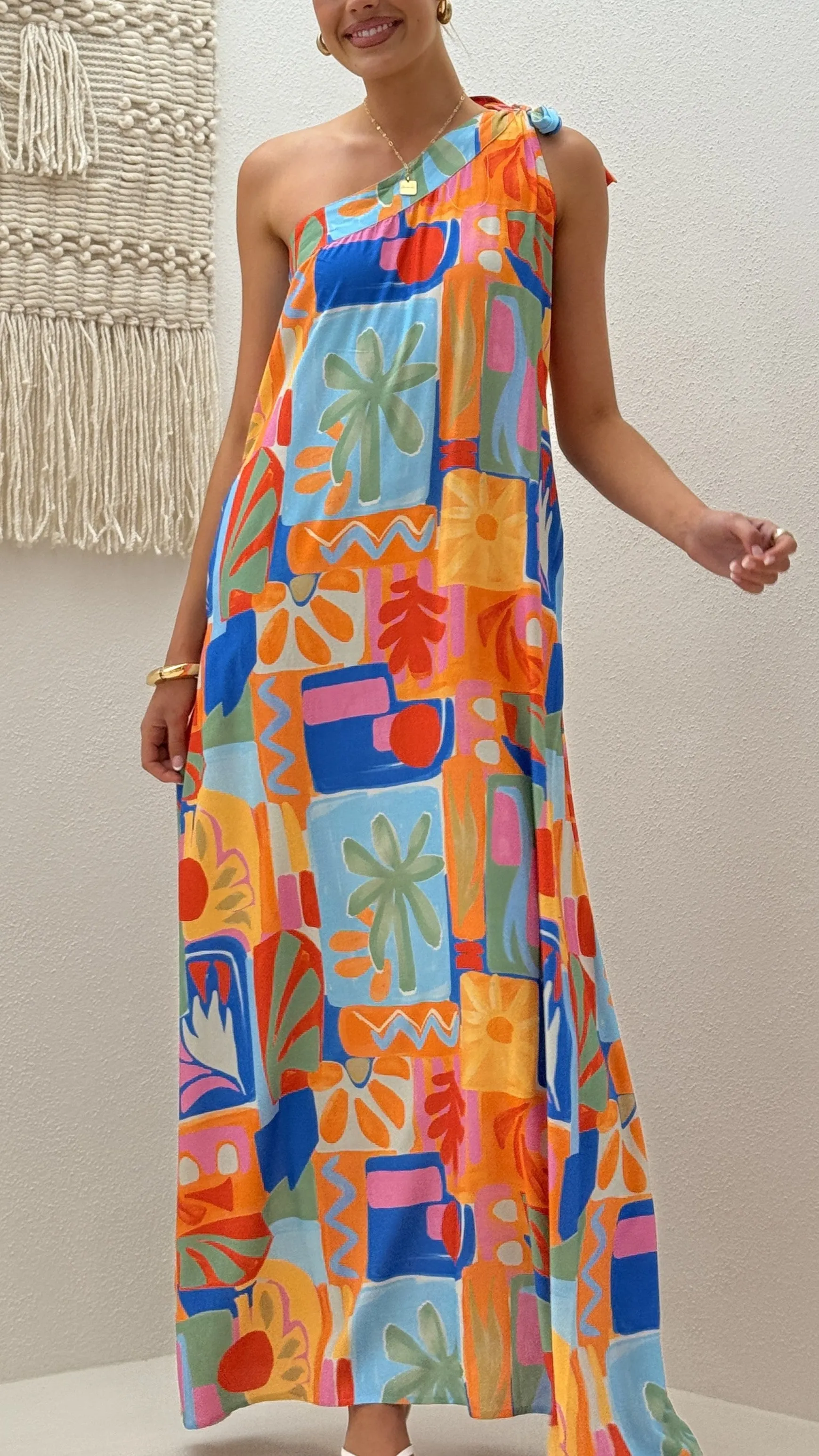 Linen Glow Paxton One Shoulder Maxi Dress - Tropical Abstract