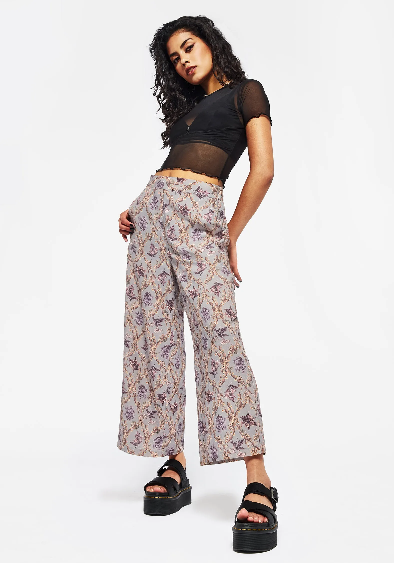 Blossom Floral Tile Printed Wide Leg Culotte Trousers Comfortable Waistband Chilly Weather Wear