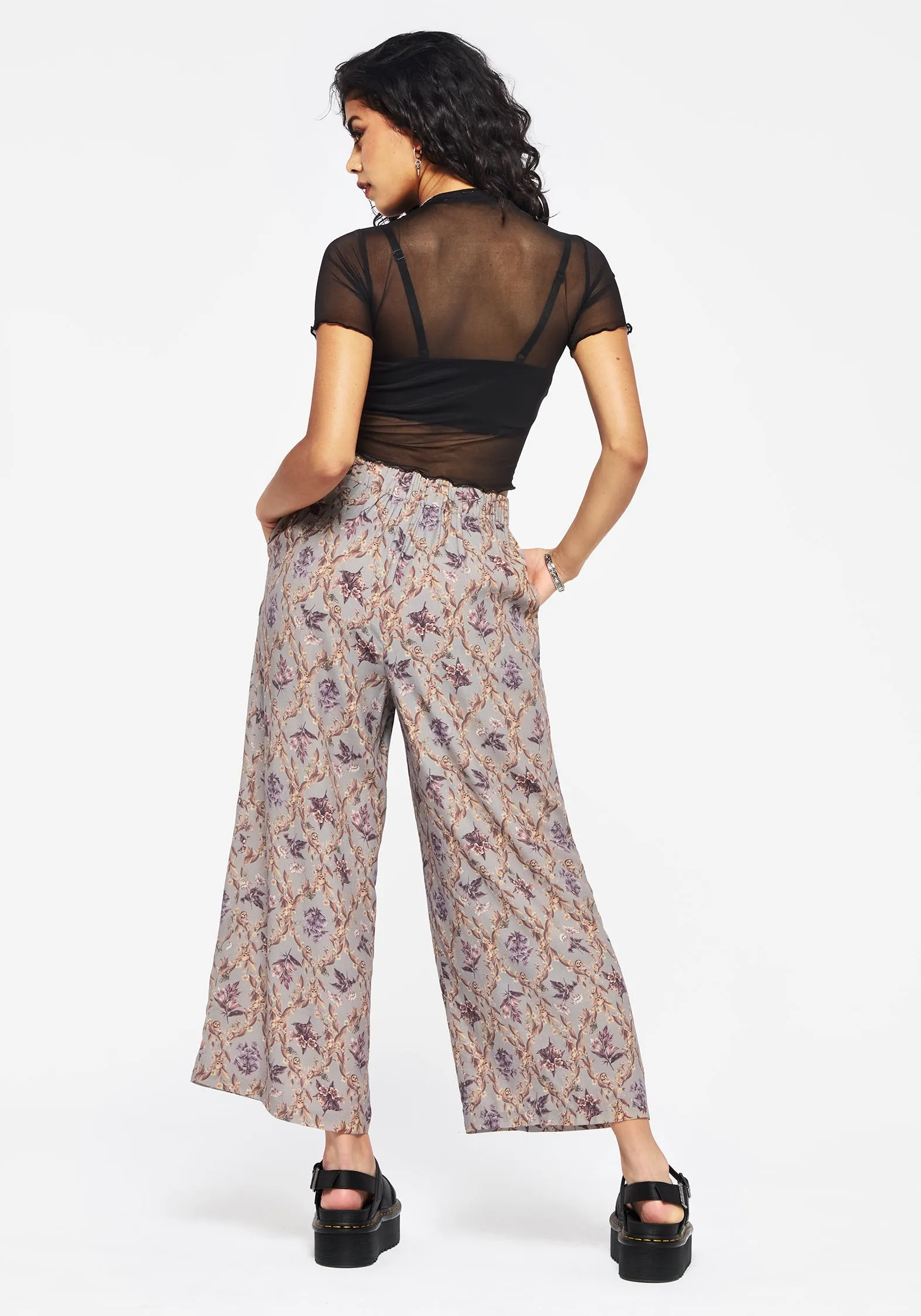Blossom Floral Tile Printed Wide Leg Culotte Trousers Stylish Waistband