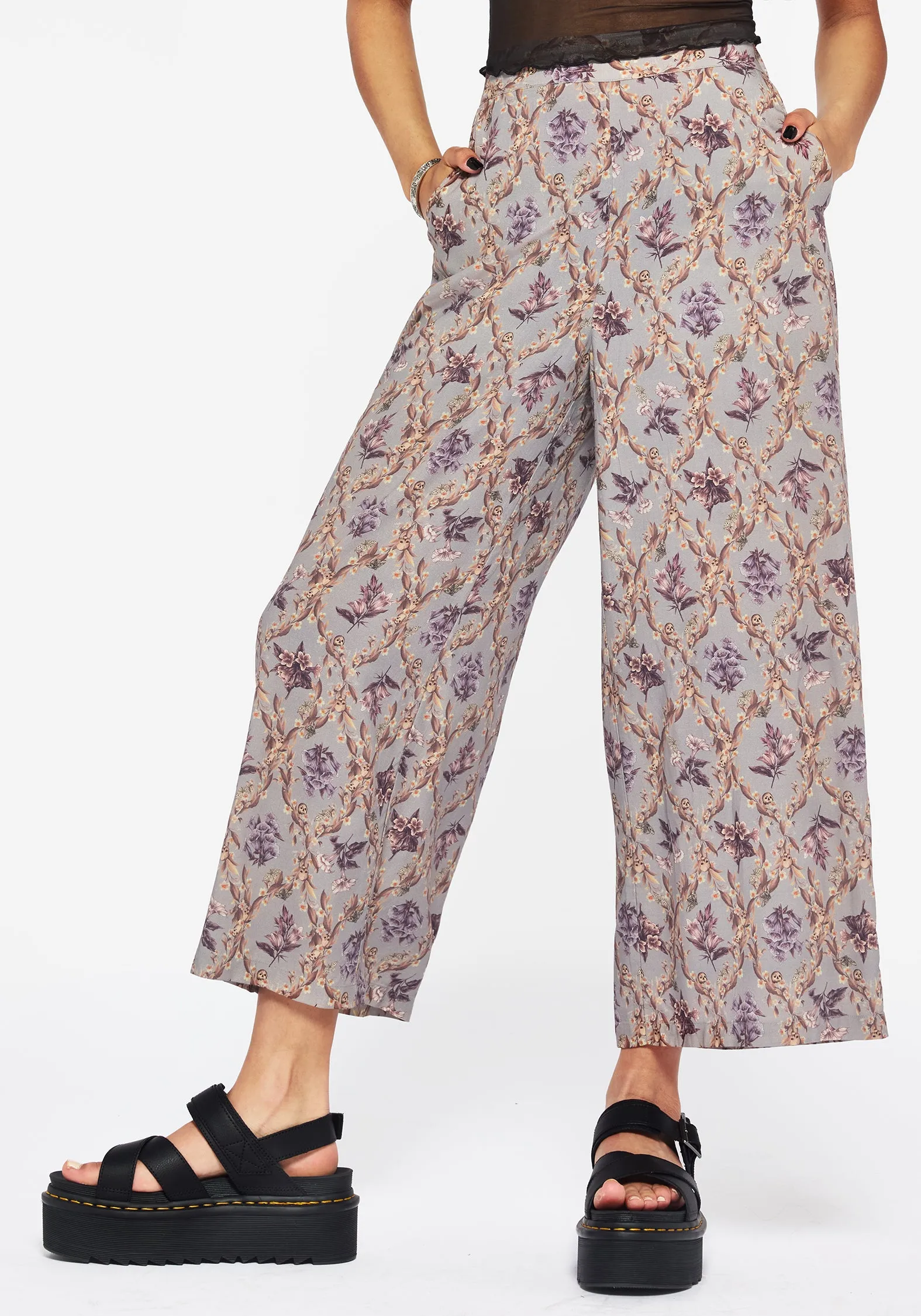 OdorResistant Reversible design Blossom Floral Tile Printed Wide Leg Culotte Trousers