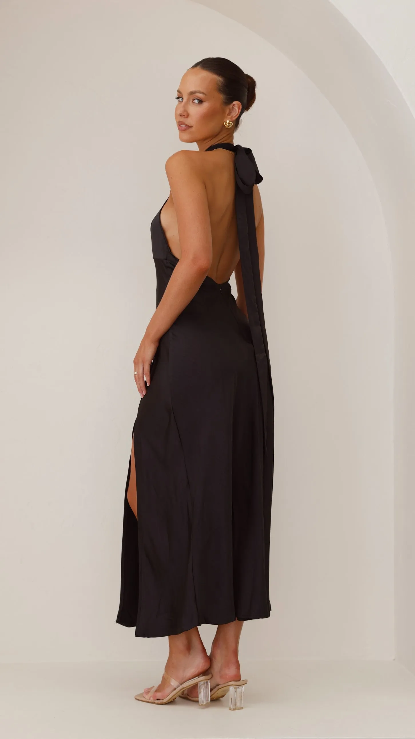 Amalia Maxi Dress - Black Front Button Mirror Glow