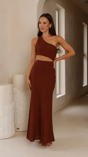 Abia Maxi Dress - Chocolate Ruffle Hem The soft fabric of this maxi dress provides a luxurious feel while remaining comfortable
