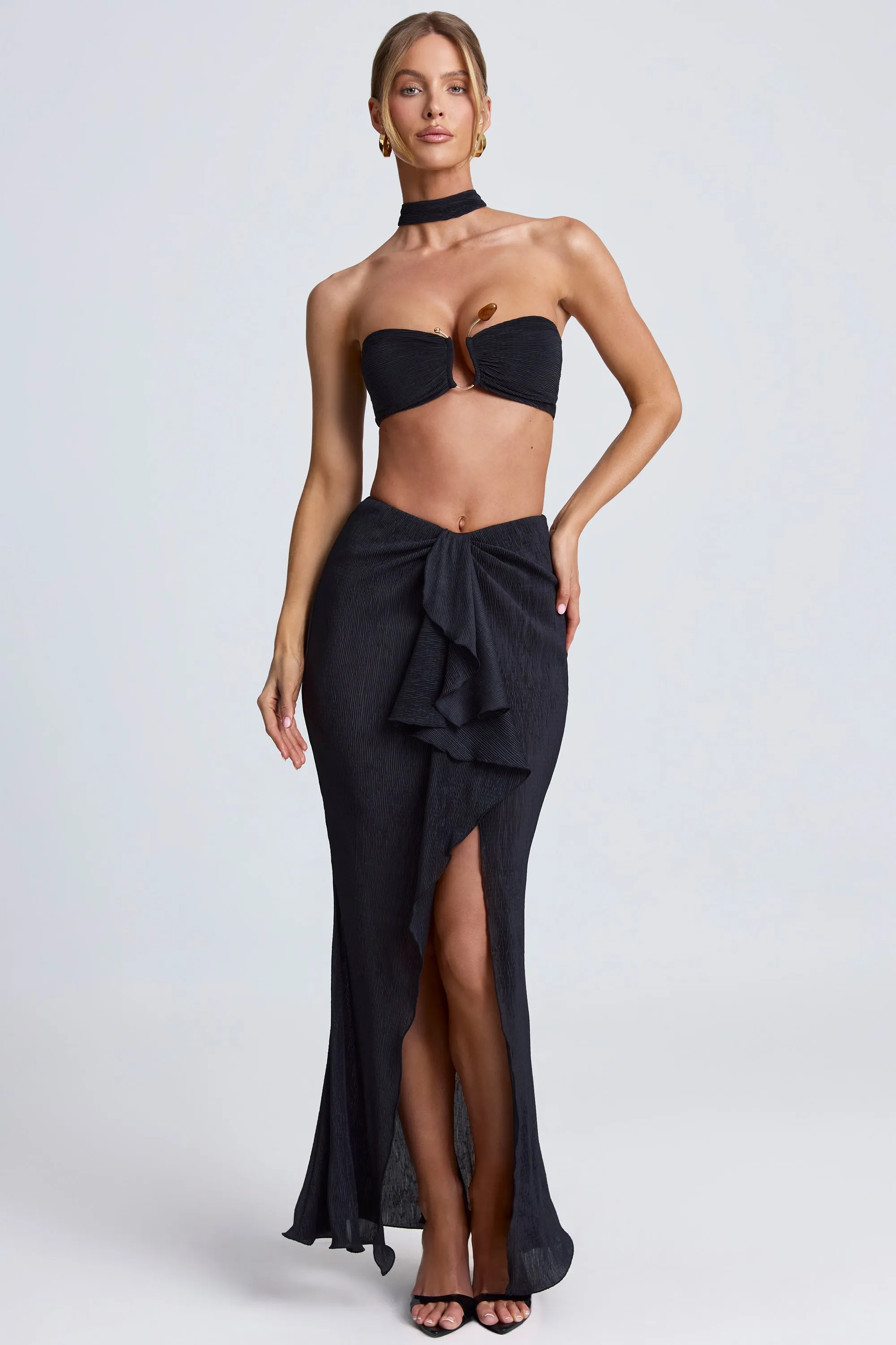 color block Ruffle-Trim Maxi Skirt in Black