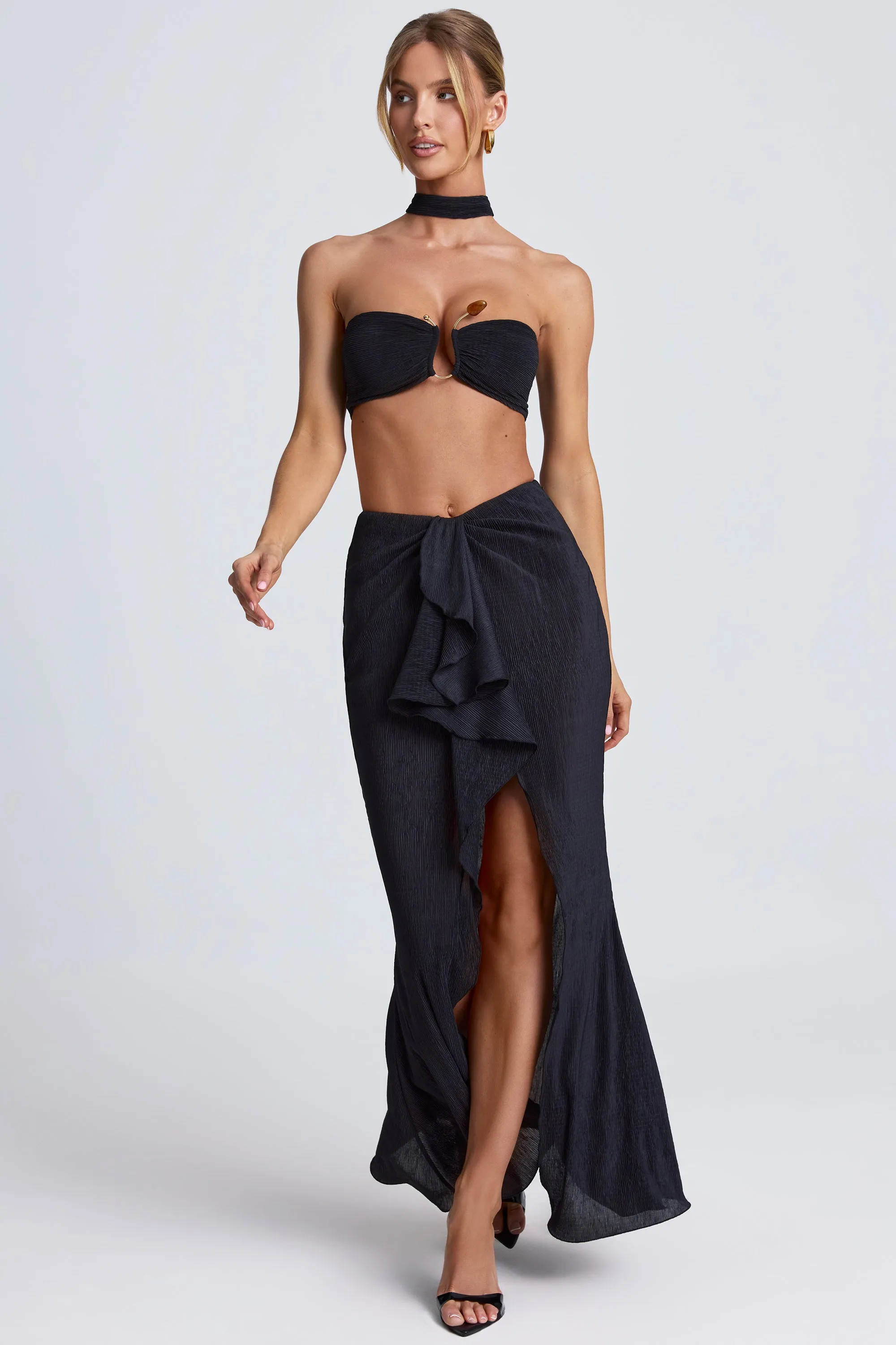 Cuffed hem Ruffle-Trim Maxi Skirt in Black