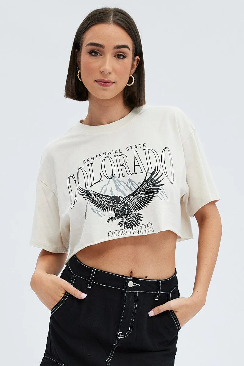 Beige Crop T-Shirt Short Sleeve Crew Neck OdorResistant Fabric