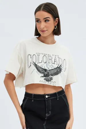 Fashionable Comfort Beige Crop T-Shirt Short Sleeve Crew Neck