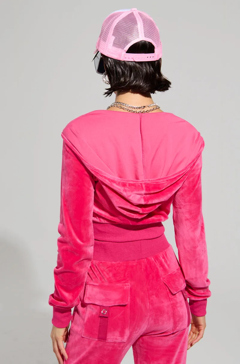 VELOUR GALORE FITTED ZIP UP IN PINK Cozy Fashion