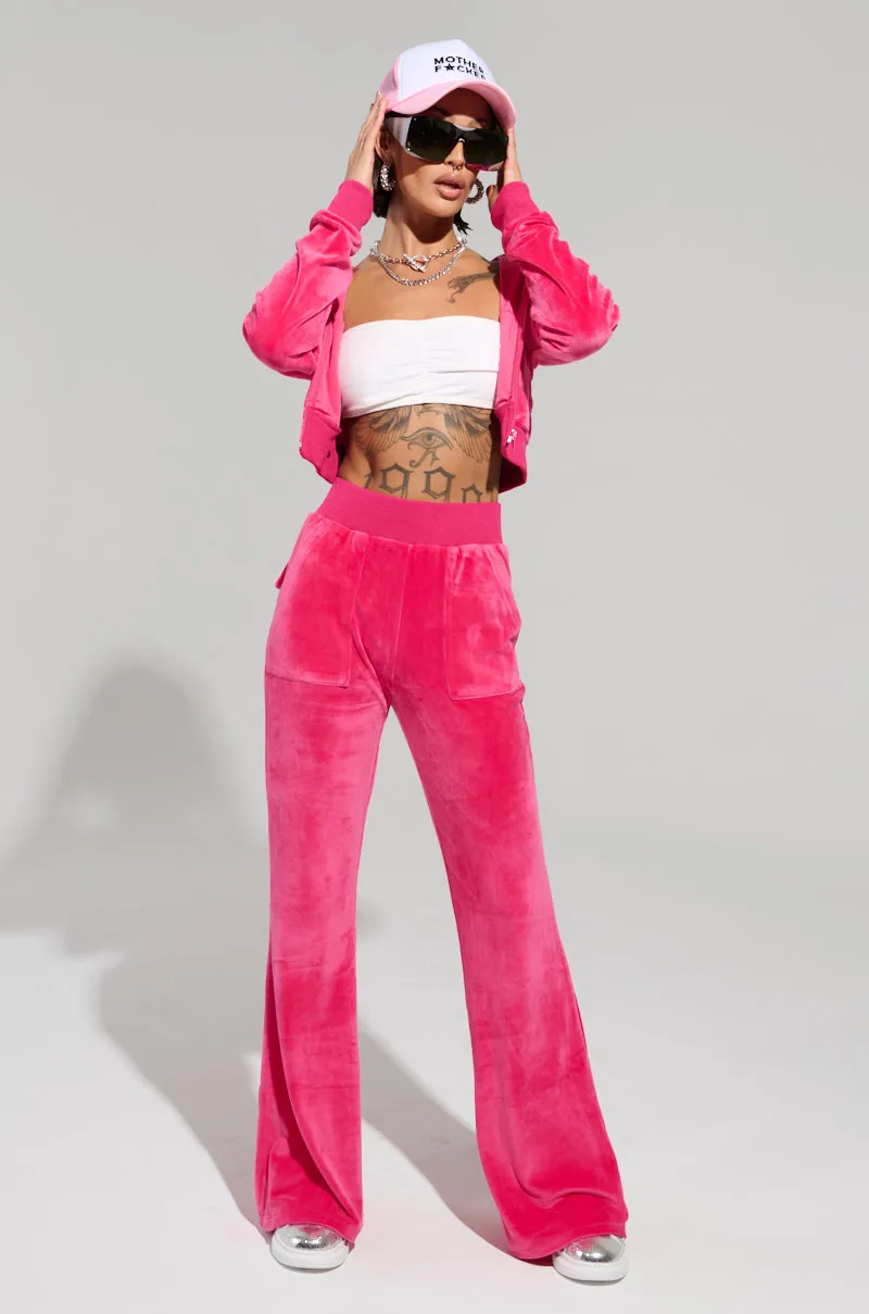 VELOUR GALORE FITTED ZIP UP IN PINK fringe accents