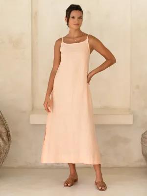 Comfy Look Flattering midi silhouette Peony Linen Dress Coral