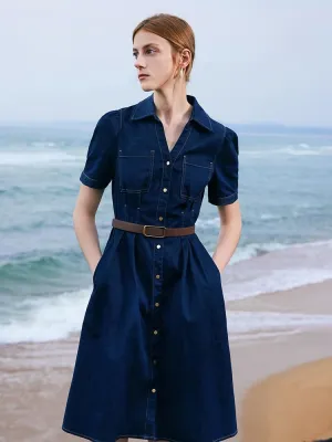 Gathered Waist Denim Mini Dress Soft Touch