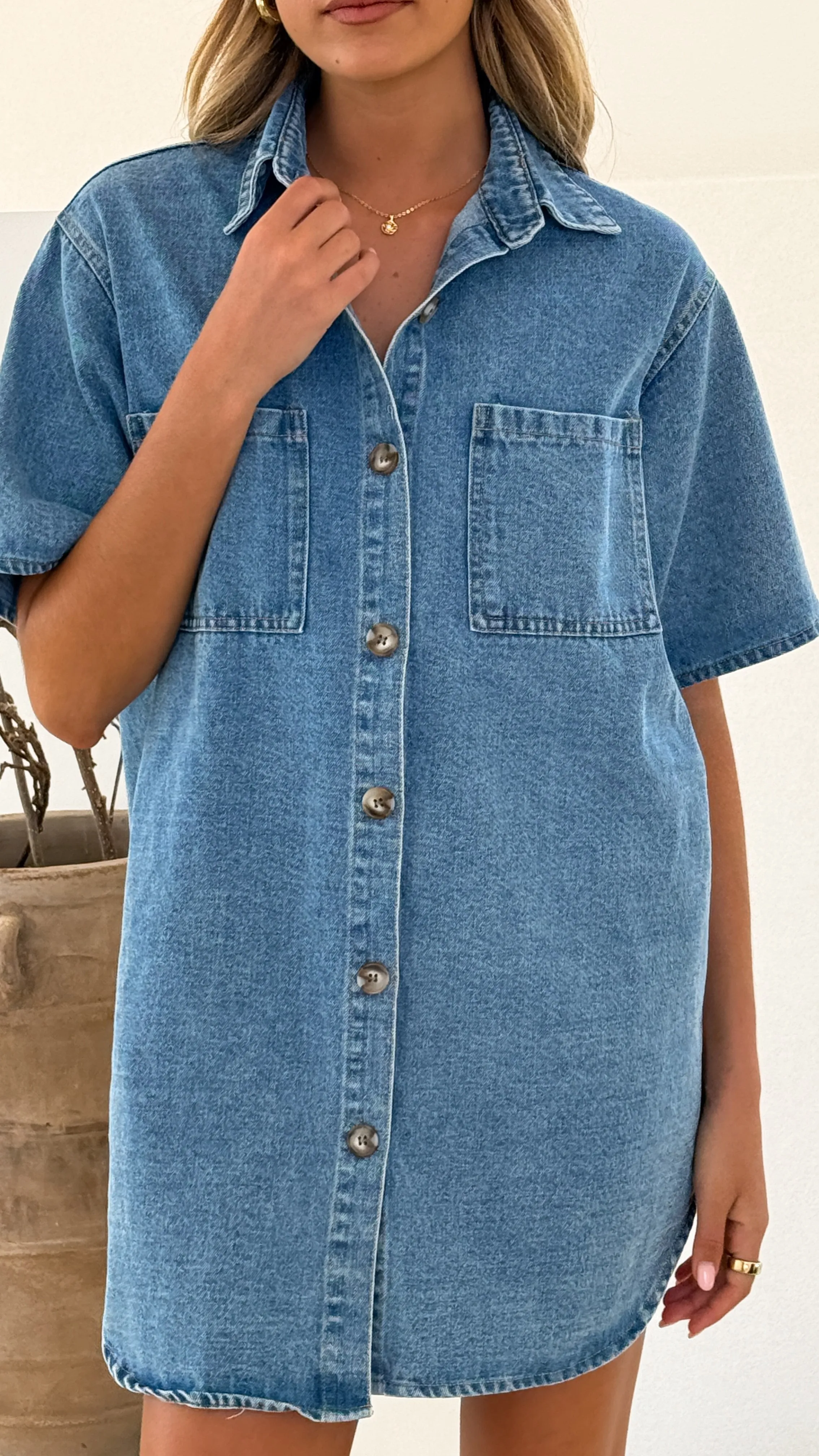 Glow Beat Chaney Button Up Mini Dress - Medium Denim