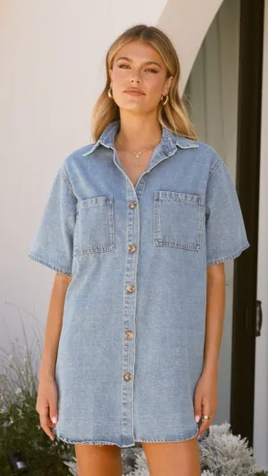 Chaney Button Up Mini Dress - Medium Denim Casual Day Out Mini for a night out