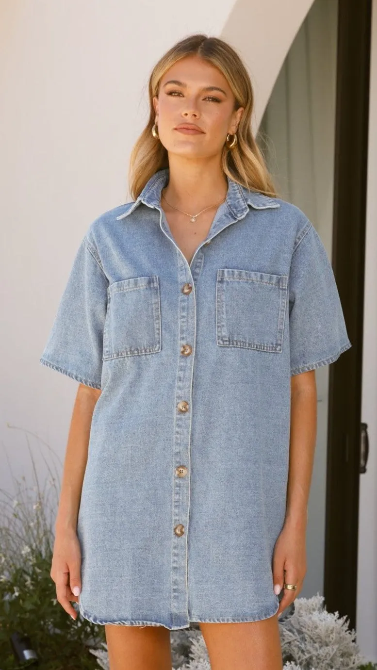 Chaney Button Up Mini Dress - Medium Denim Casual Day Out Mini for a night out