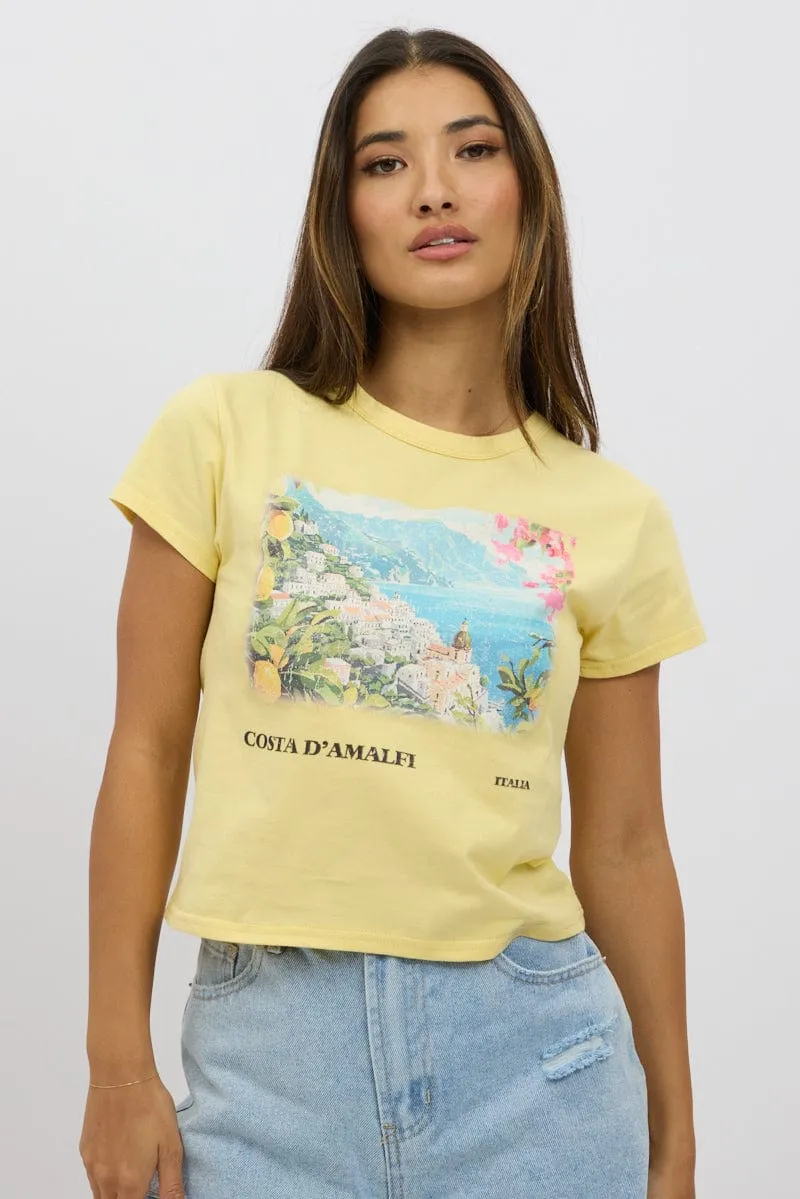 Yellow Graphic Tee Short Sleeve UV resistant Street Casual Look