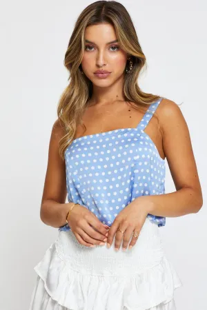 DoubleLayered Structure Surf Mood Polka Dot Singlet Top Square Neck Linen