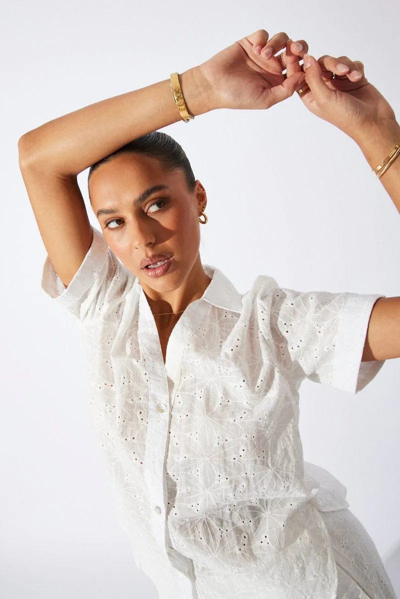 White Eyelet Shirt Short Sleeve FlexibleCuff Breathable fabric