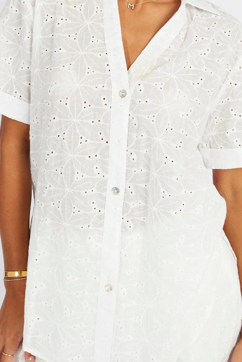 White Eyelet Shirt Short Sleeve Road Soul Warm Fashion