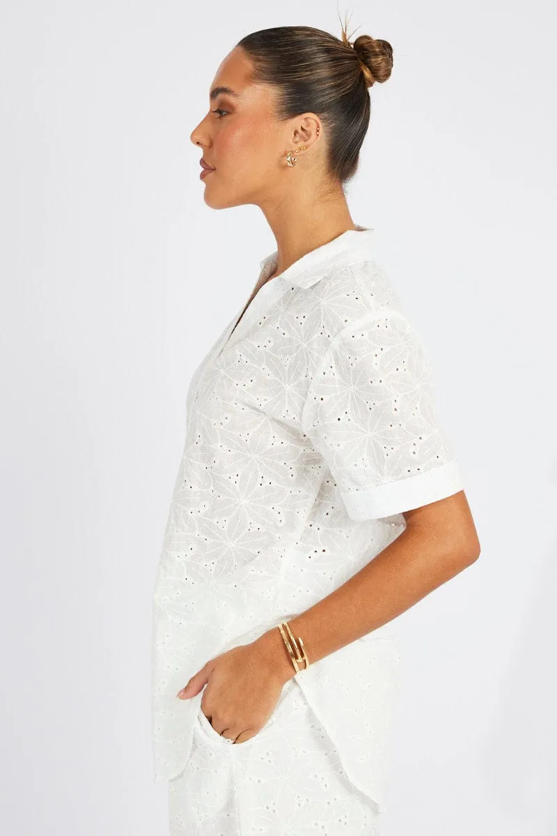 White Eyelet Shirt Short Sleeve Student Cool