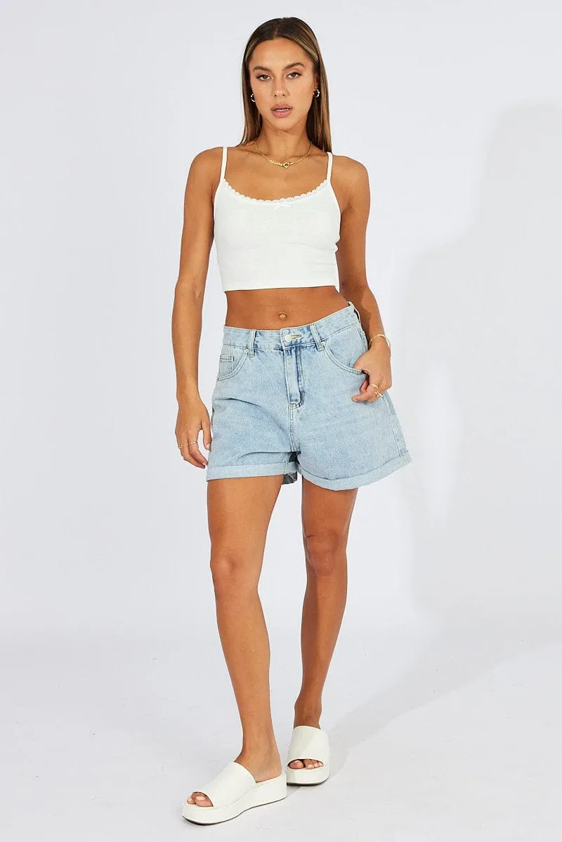 Casual Fit Magnetic Closure White Singlet Top Lace Trim Cropped