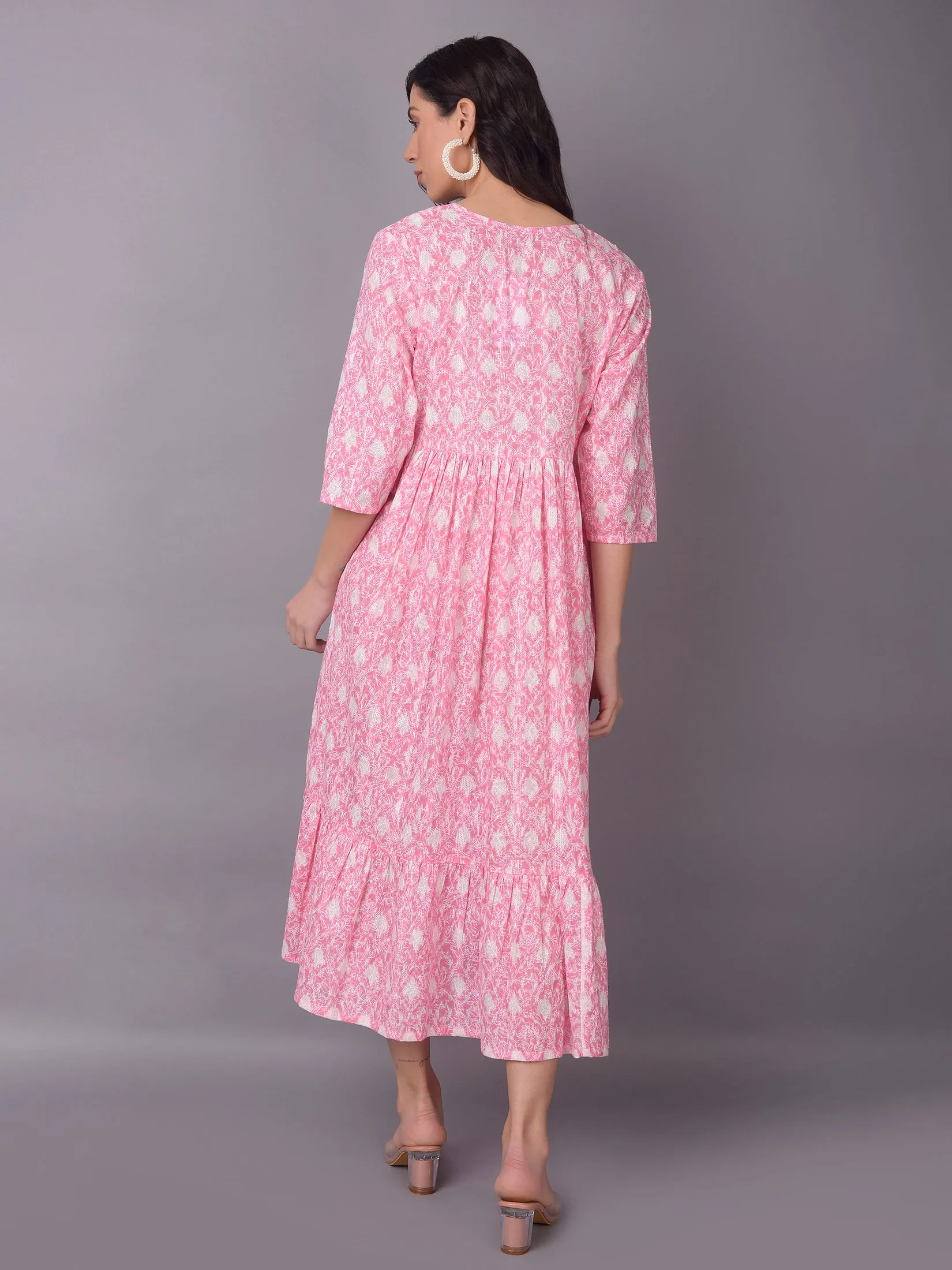 Women Pink V-Neck Printed Dress Fairy Mood