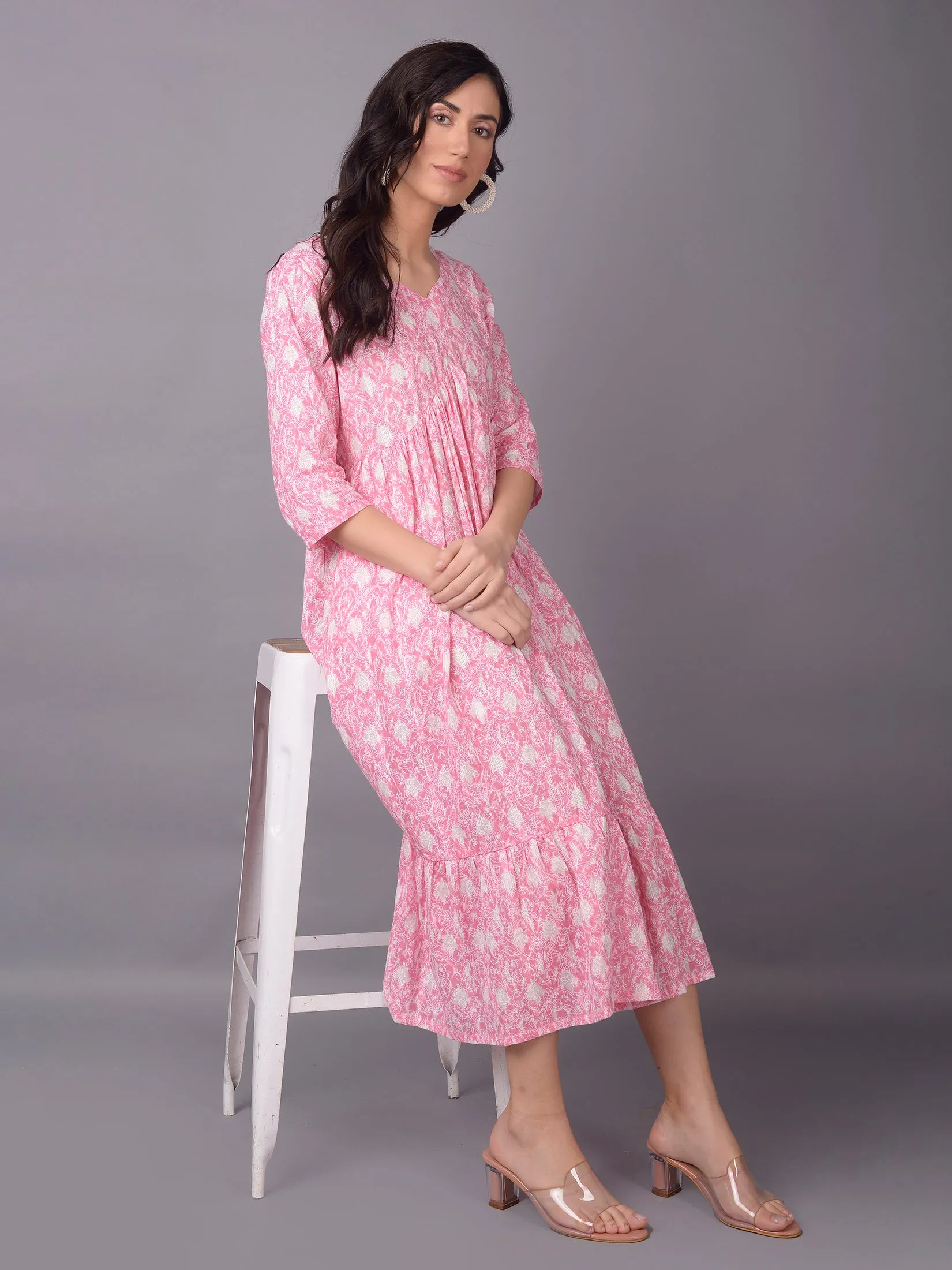 Women Pink V-Neck Printed Dress Metro Edge Mom Soft