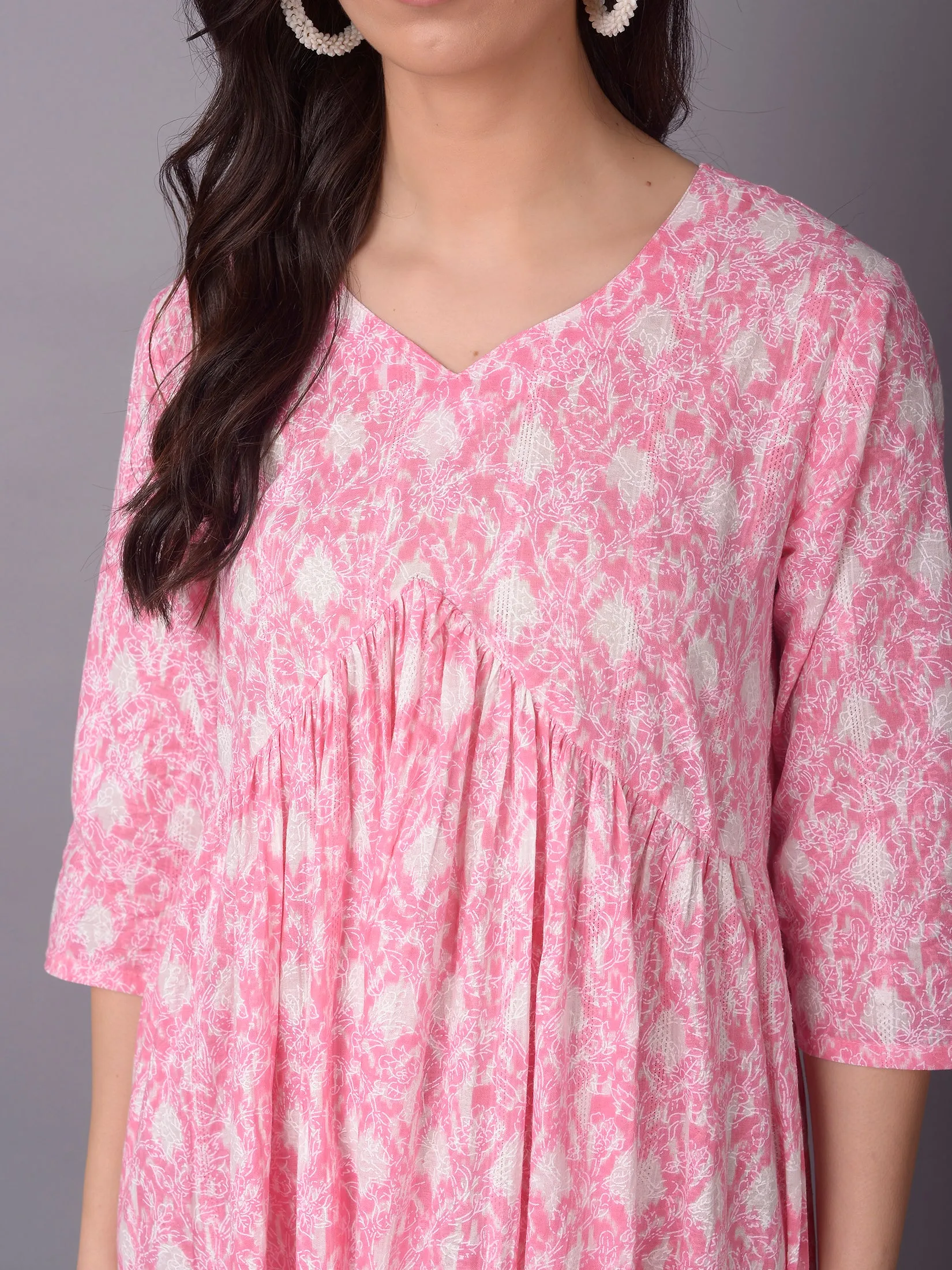 Women Pink V-Neck Printed Dress Collapsible Hood City Beat
