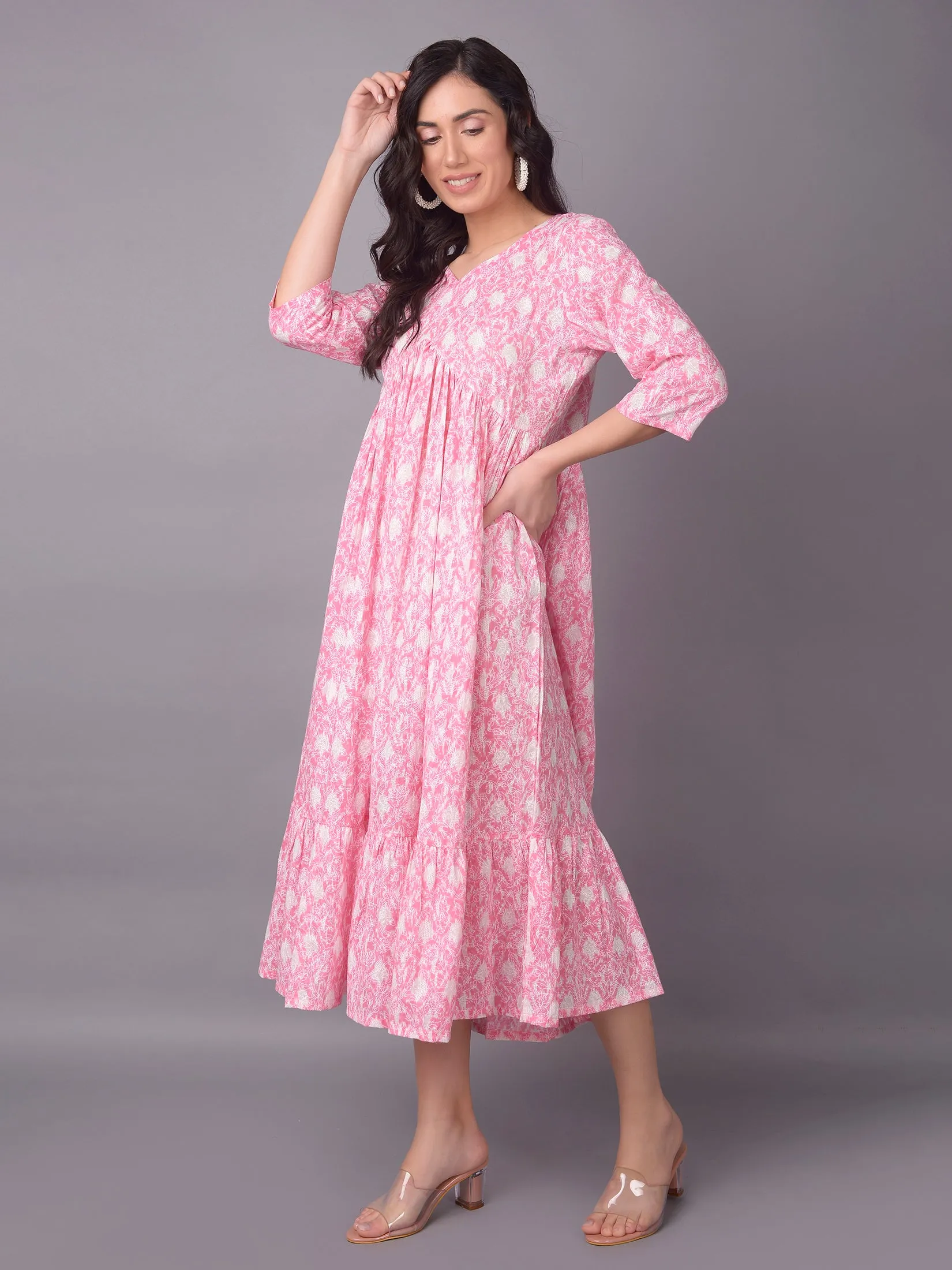 Women Pink V-Neck Printed Dress Casual Trend Event Vibe