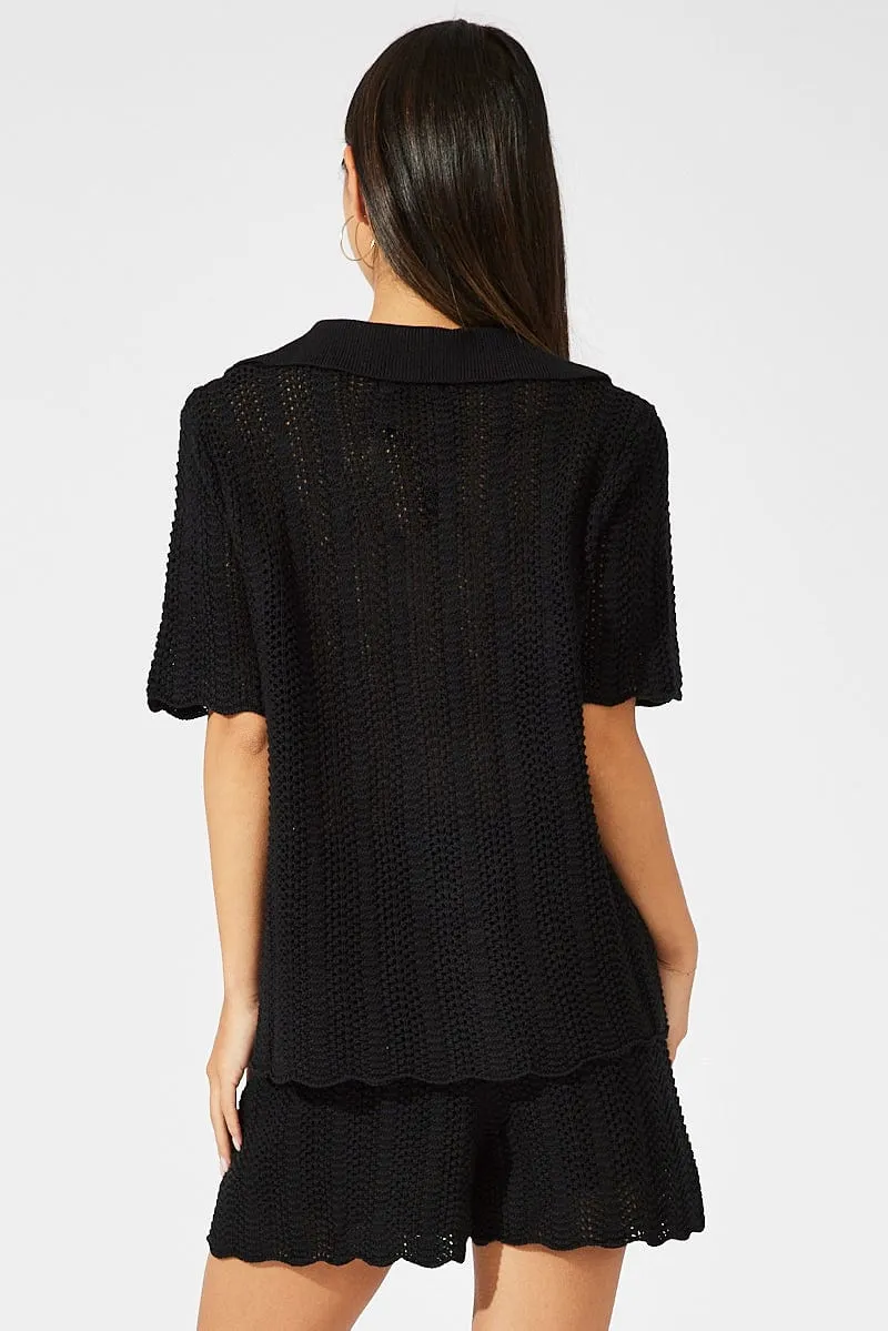 Secure Zipper Closure Flexible Cut Black Knit Shorts Crochet