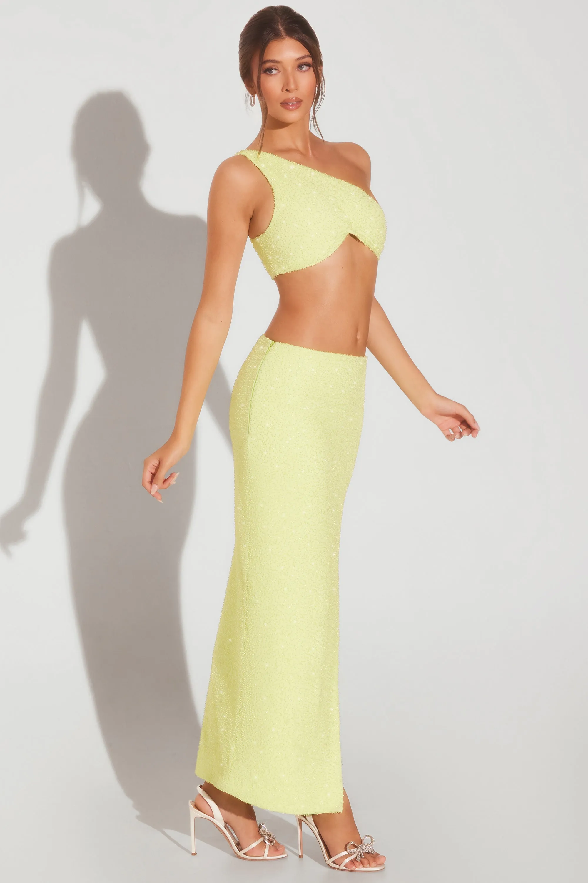 Embellished Side Split Maxi Skirt in Lime Green Water resistant coating