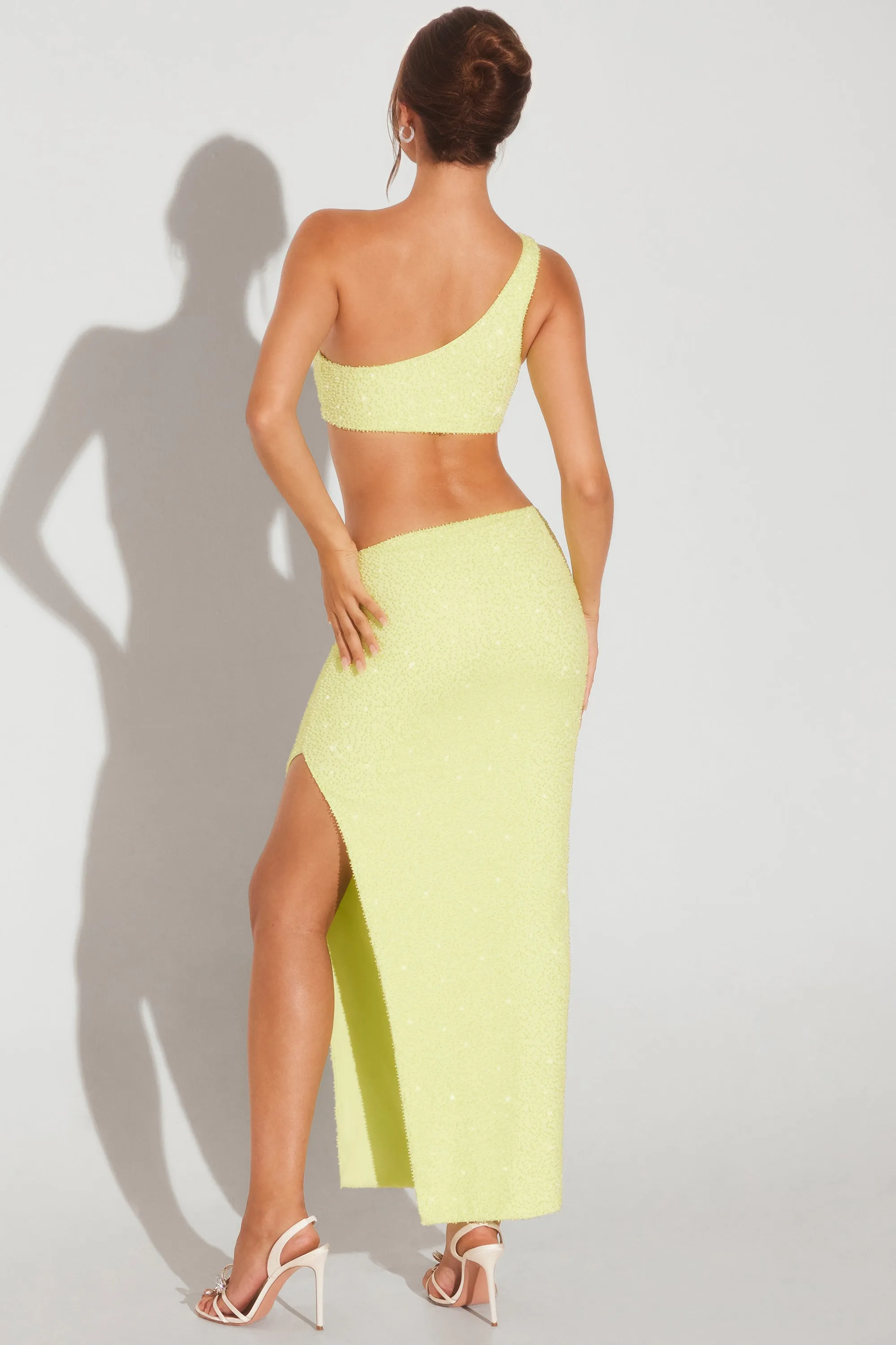 Simple Look Modern Wardrobe Embellished Side Split Maxi Skirt in Lime Green