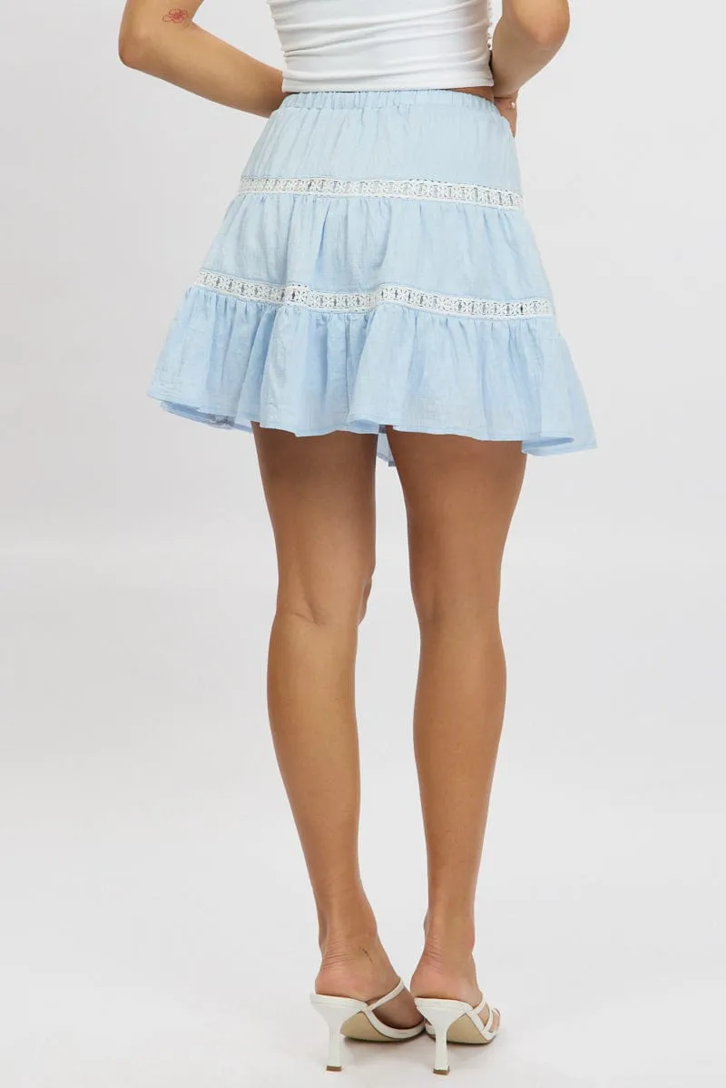 Diagonal Slit color block Blue Skater Skirt Tiered High Rise Mini Lace Insert