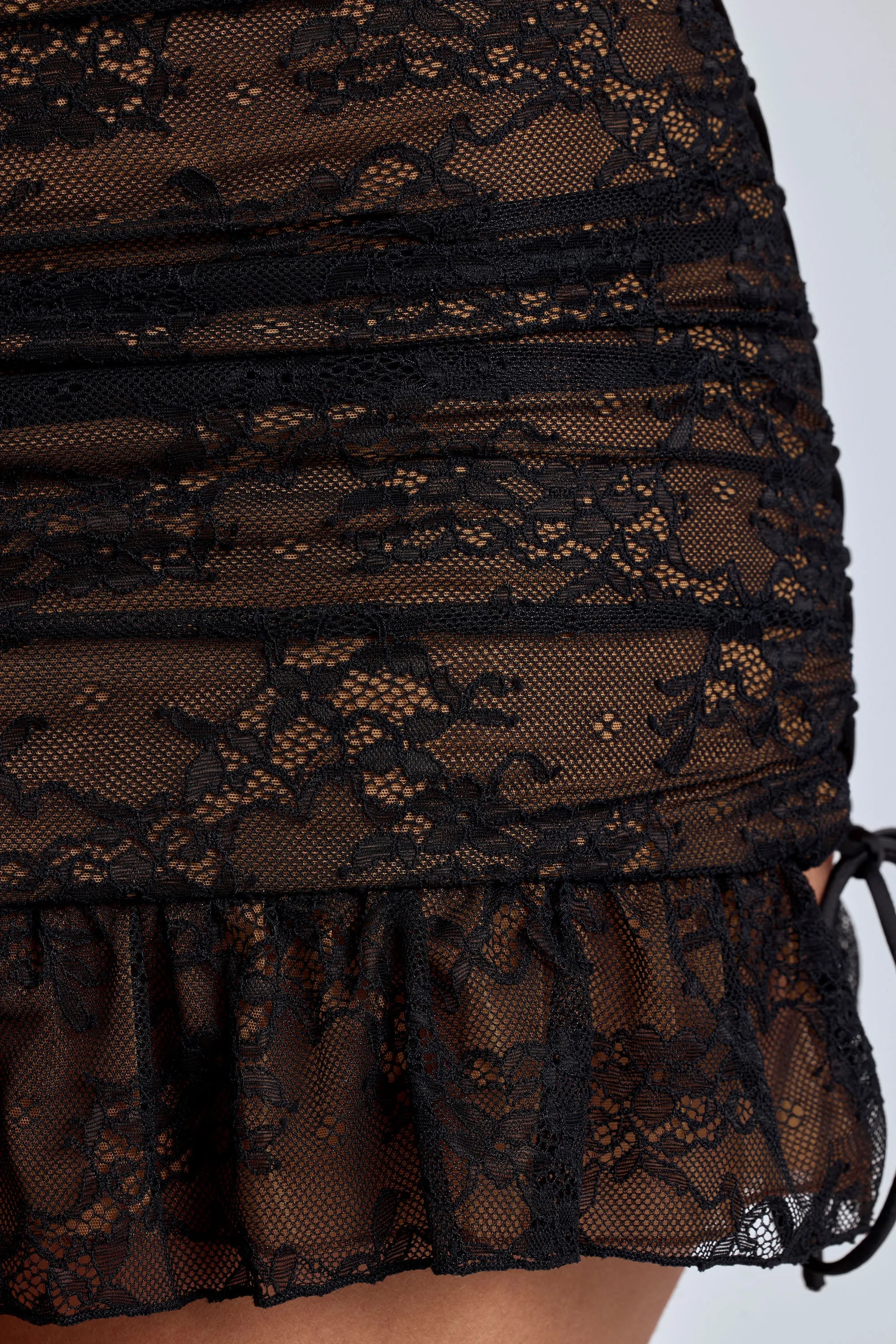 Lace Ruffle Mini Skirt in Black Emerging Designer