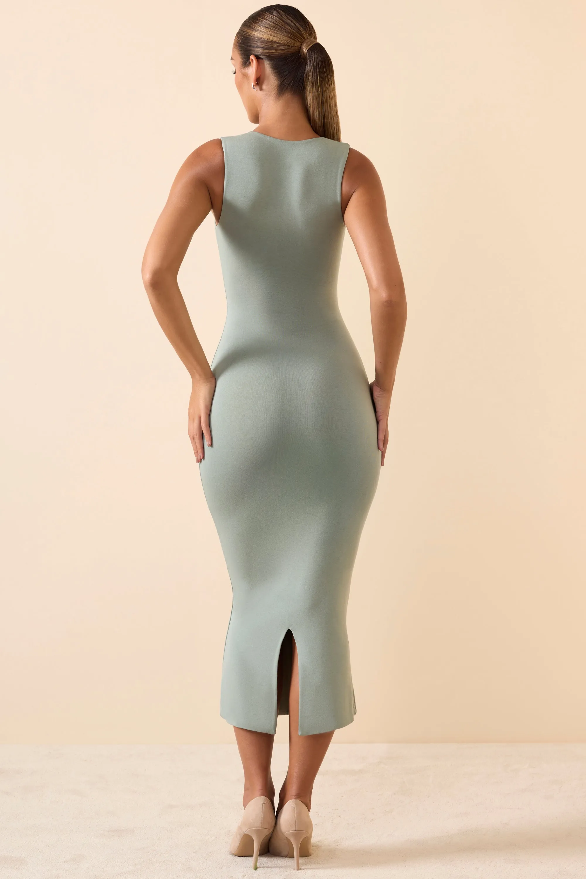 Square Neck Midi Dress in Smoke Green Temple Way