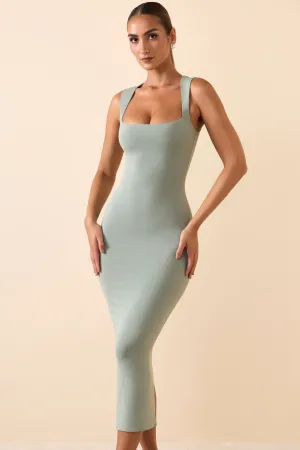 Square Neck Midi Dress in Smoke Green Dance Floor Simple Comfort