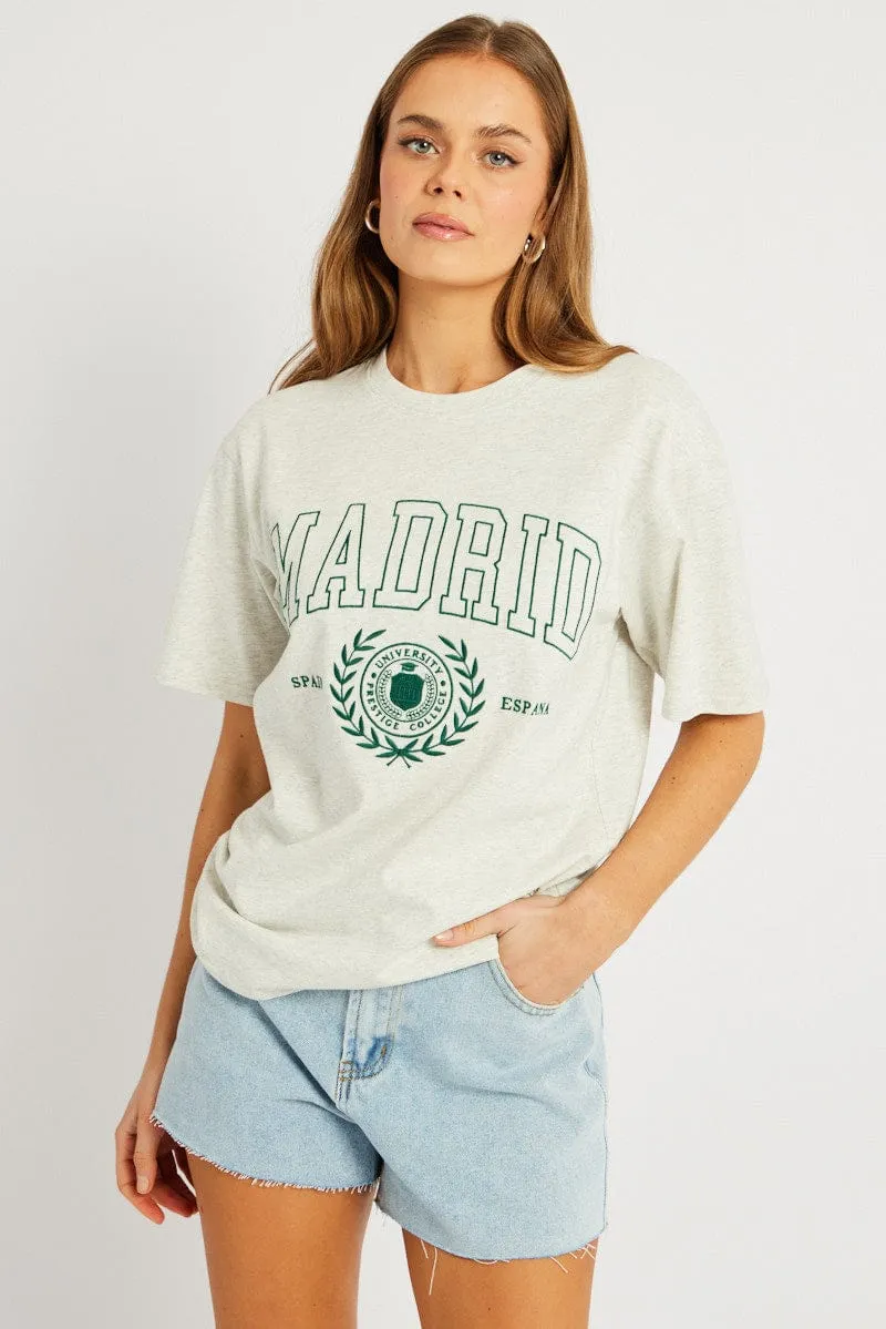 Grey Graphic Tee Short Sleeve Sporty and Stylish Longline Hemline