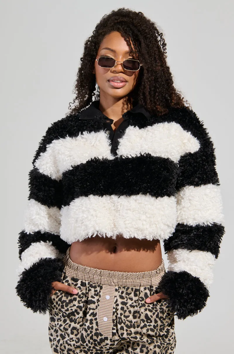 IN MY FEELINGS STRIPE POLO SWEATSHIRT IN BLACK MULTI soft fit Timeless Relaxed
