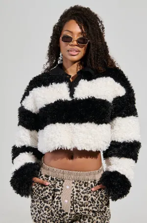 IN MY FEELINGS STRIPE POLO SWEATSHIRT IN BLACK MULTI soft fit Timeless Relaxed
