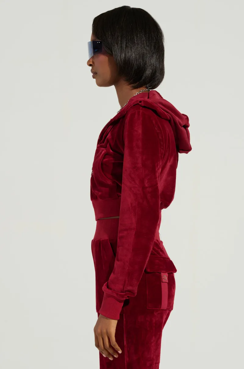 VELOUR GALORE FITTED ZIP UP IN BURGUNDY Leather Modern Look
