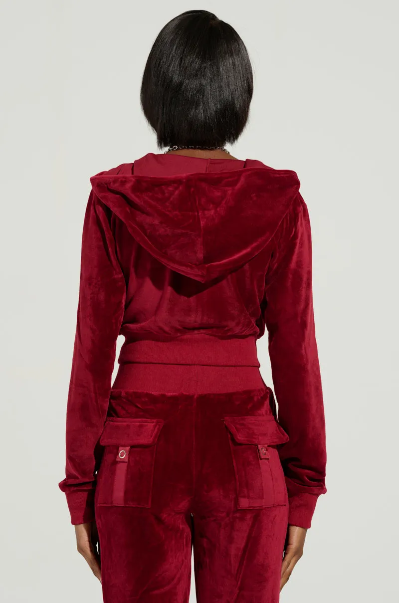 VELOUR GALORE FITTED ZIP UP IN BURGUNDY product combo product high end luxury