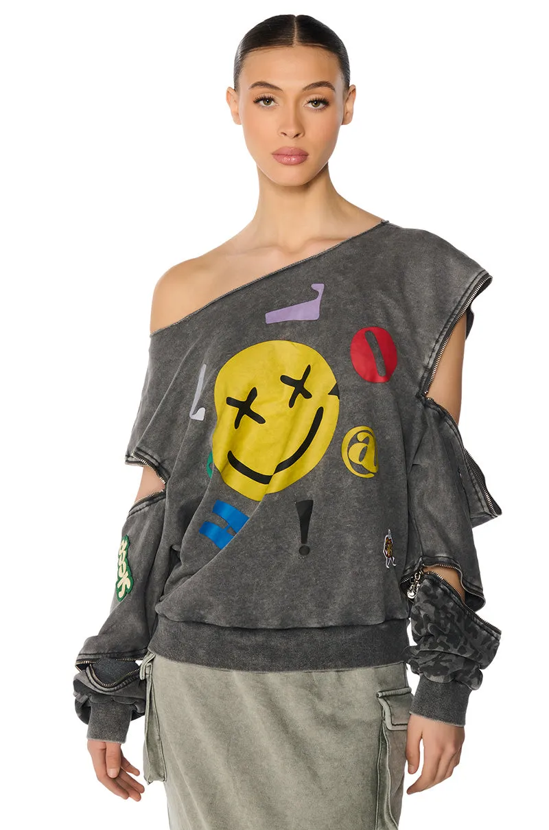 product checkered classicism product delivery NO BAD VIBES OFF THE SHOULDER MINERAL WASH SWEATSHIRT