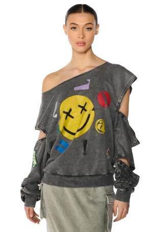 Tweed NO BAD VIBES OFF THE SHOULDER MINERAL WASH SWEATSHIRT