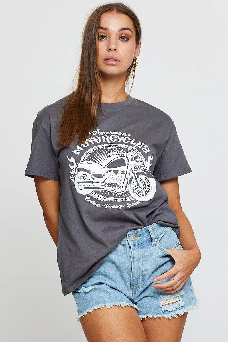 Light Design Trendy Look Grey Graphic T-Shirt Short Sleeve