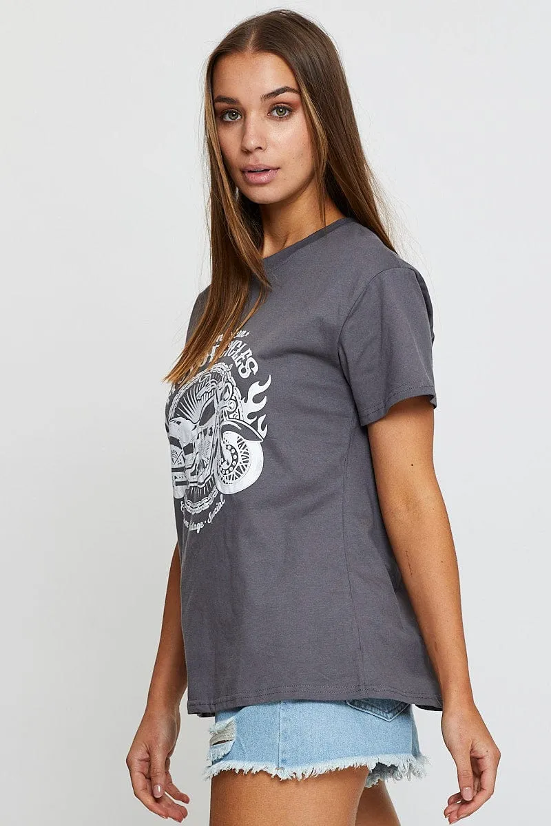 Grey Graphic T-Shirt Short Sleeve Cozy And Warm