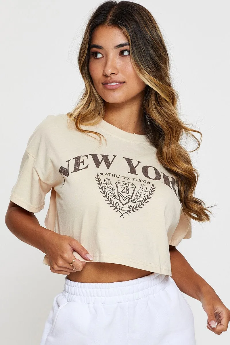 Beige Graphic T-Shirt Short Sleeve Everyday Wear