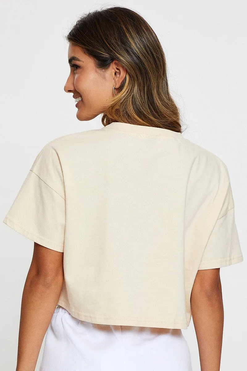 Comfortable Wear Beige Graphic T-Shirt Short Sleeve
