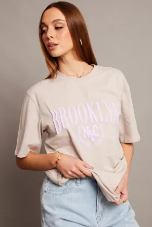 Easy Care Material Anti-pilling Beige Graphic Tee Short Sleeve